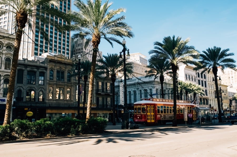 A streetcar passing a historic building framed by palm trees in New Orleans.