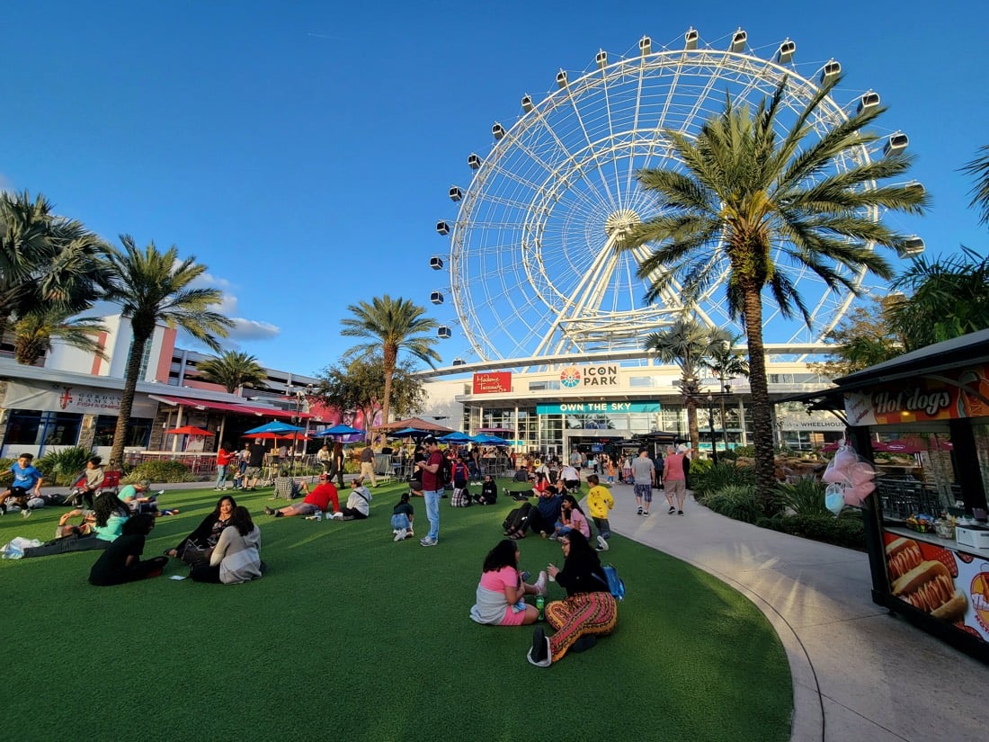 The Orlando Eye observation wheel rising above a palm-lined promenade.