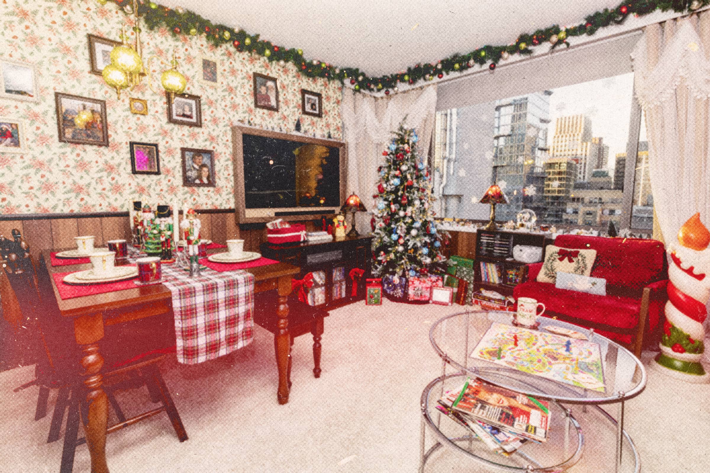 The Holiday Rewind Suite living room, decorated for a late-’90s Christmas, with a tree and a view of Manhattan through the windows
