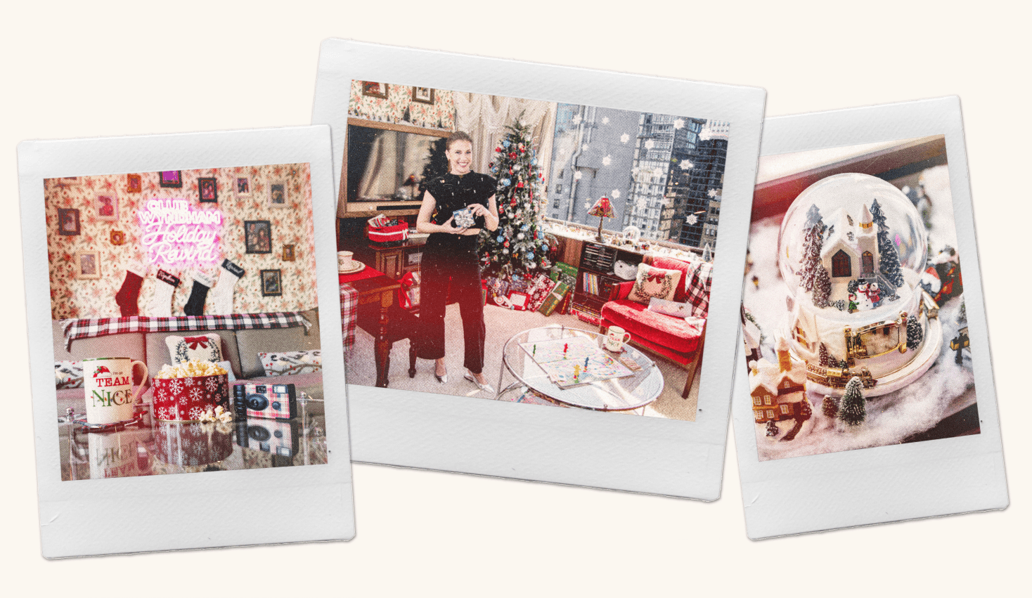Three instant photos from the Holiday Rewind Suite: stockings hung under a neon sign, Jodie Sweetin beside the Christmas tree, and a snow globe
